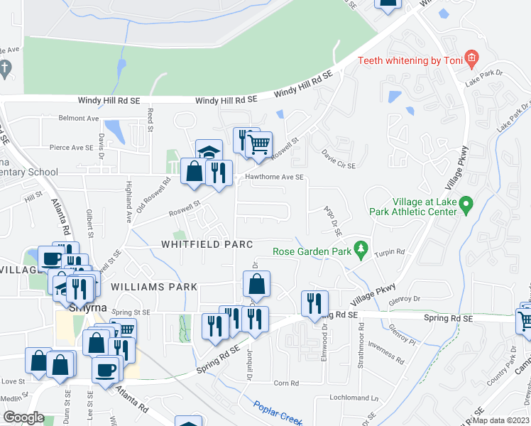 map of restaurants, bars, coffee shops, grocery stores, and more near 1484 Springleaf Circle Southeast in Smyrna