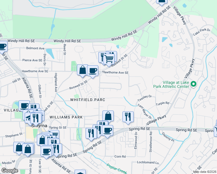 map of restaurants, bars, coffee shops, grocery stores, and more near 1551 Springleaf Court Southeast in Smyrna