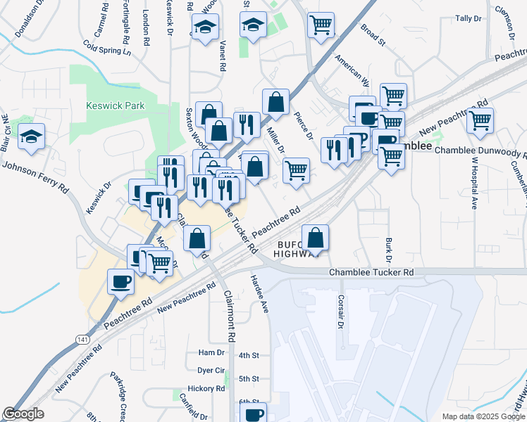 map of restaurants, bars, coffee shops, grocery stores, and more near 5198 Peachtree Road in Atlanta