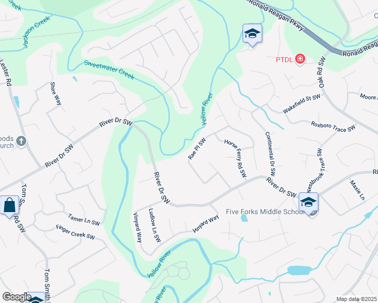 map of restaurants, bars, coffee shops, grocery stores, and more near 3341 Rae Place Southwest in Lawrenceville