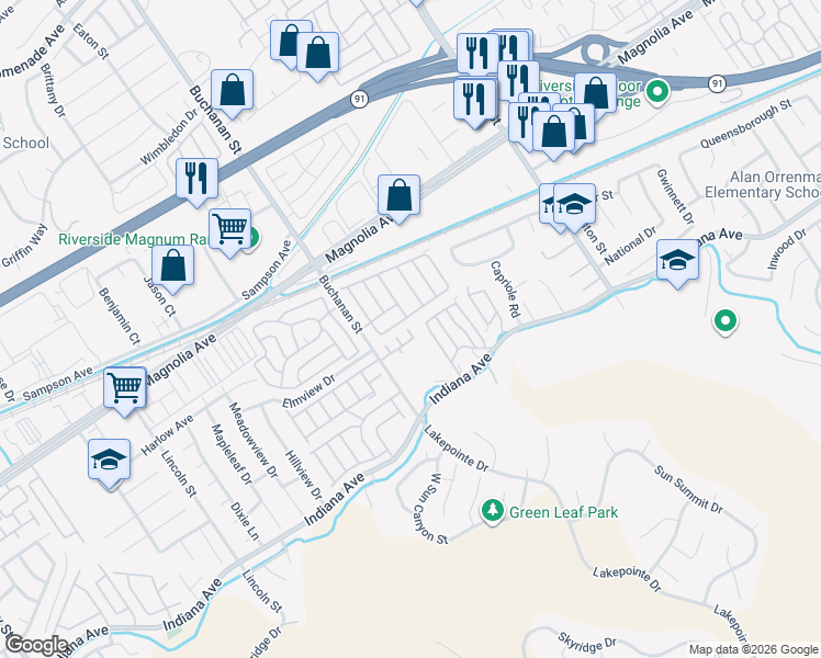 map of restaurants, bars, coffee shops, grocery stores, and more near 3558 Lahaina Court in Riverside