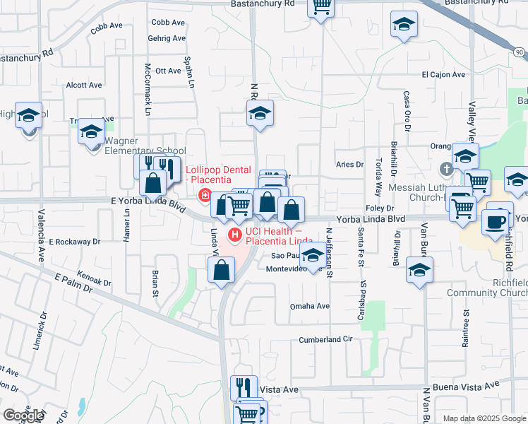 map of restaurants, bars, coffee shops, grocery stores, and more near 1202 East Yorba Linda Boulevard in Placentia
