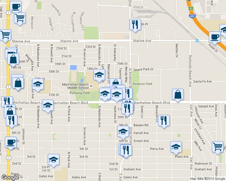 map of restaurants, bars, coffee shops, grocery stores, and more near 1305 Harkness Street in Manhattan Beach