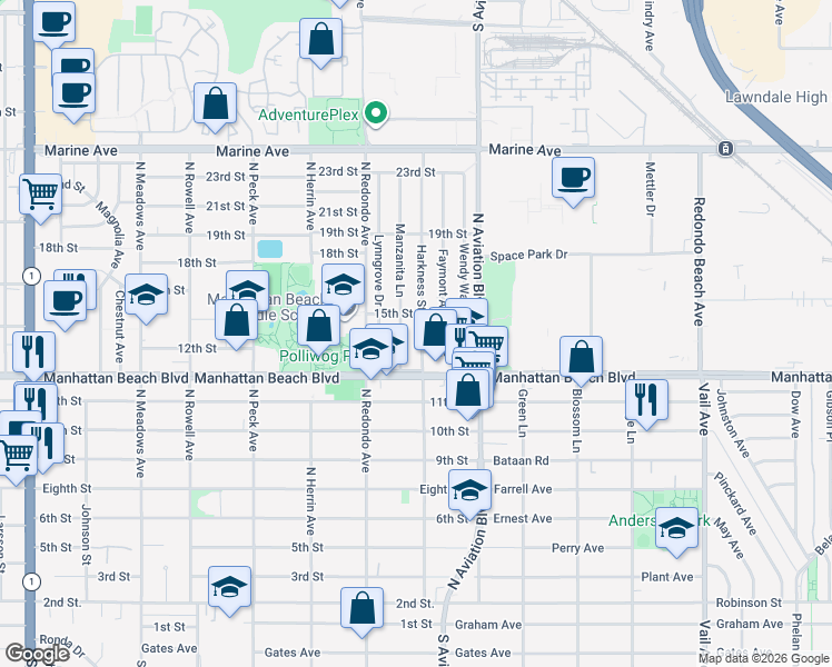 map of restaurants, bars, coffee shops, grocery stores, and more near 1305 Harkness Street in Manhattan Beach