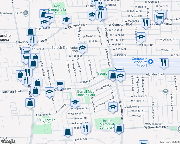 map of restaurants, bars, coffee shops, grocery stores, and more near 705 South Corlett Avenue in Compton