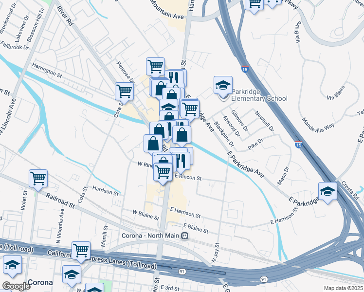 map of restaurants, bars, coffee shops, grocery stores, and more near 624 North Main Street in Corona