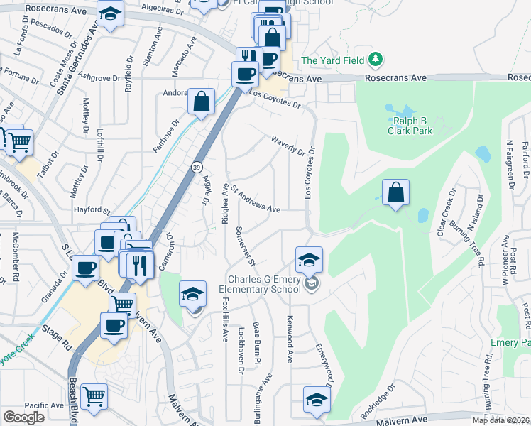 map of restaurants, bars, coffee shops, grocery stores, and more near 4931 Saint Andrews Avenue in Buena Park