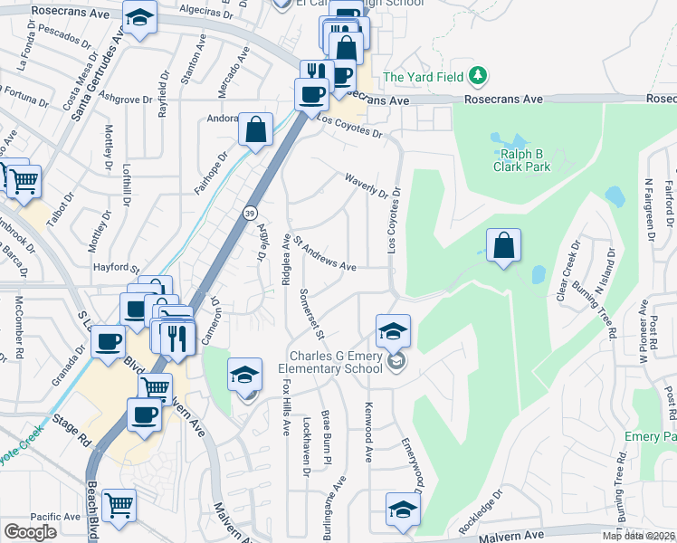 map of restaurants, bars, coffee shops, grocery stores, and more near 4931 Saint Andrews Avenue in Buena Park
