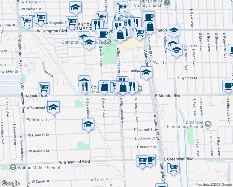 map of restaurants, bars, coffee shops, grocery stores, and more near 809 South Willowbrook Avenue in Compton