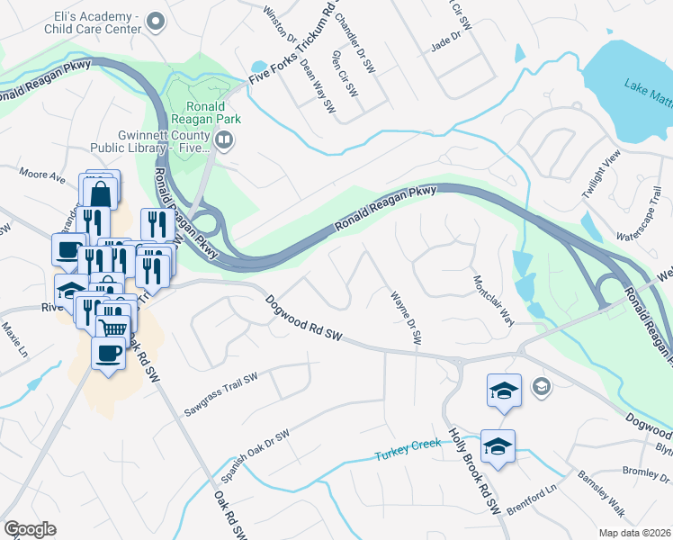 map of restaurants, bars, coffee shops, grocery stores, and more near 1158 Olde Hinge Way in Gwinnett