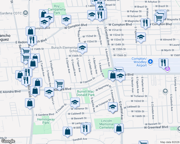 map of restaurants, bars, coffee shops, grocery stores, and more near 705 South Corlett Avenue in Compton