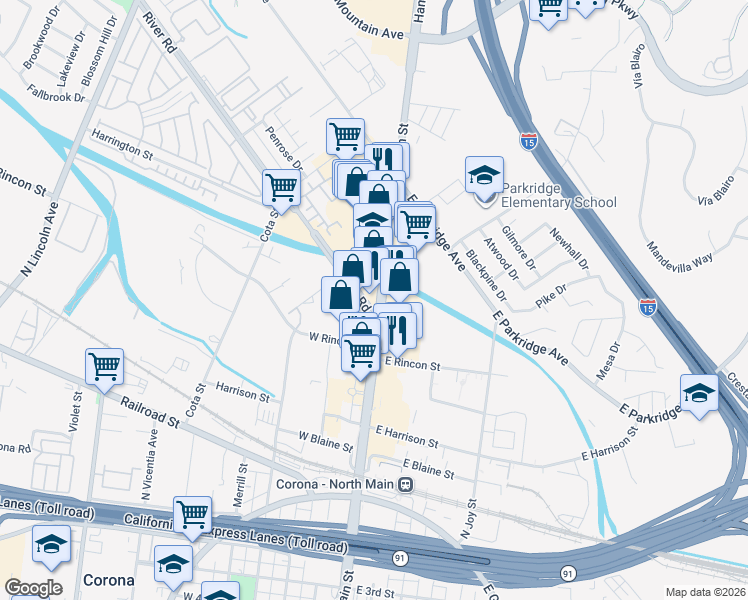 map of restaurants, bars, coffee shops, grocery stores, and more near 624 North Main Street in Corona