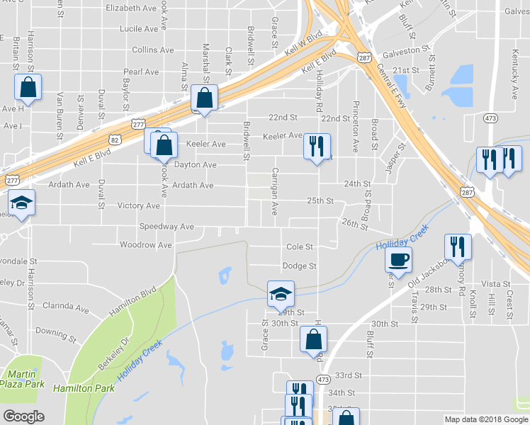 map of restaurants, bars, coffee shops, grocery stores, and more near 2507 Marie Street in Wichita Falls