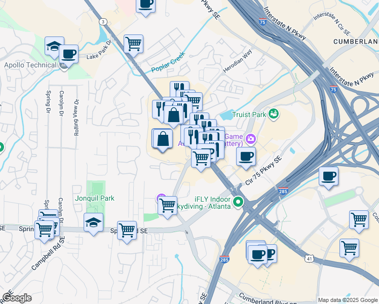 map of restaurants, bars, coffee shops, grocery stores, and more near 2610 Cobb Parkway Southeast in Smyrna