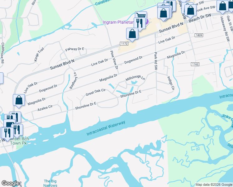 map of restaurants, bars, coffee shops, grocery stores, and more near 602 Triangle Court Southwest in Sunset Beach