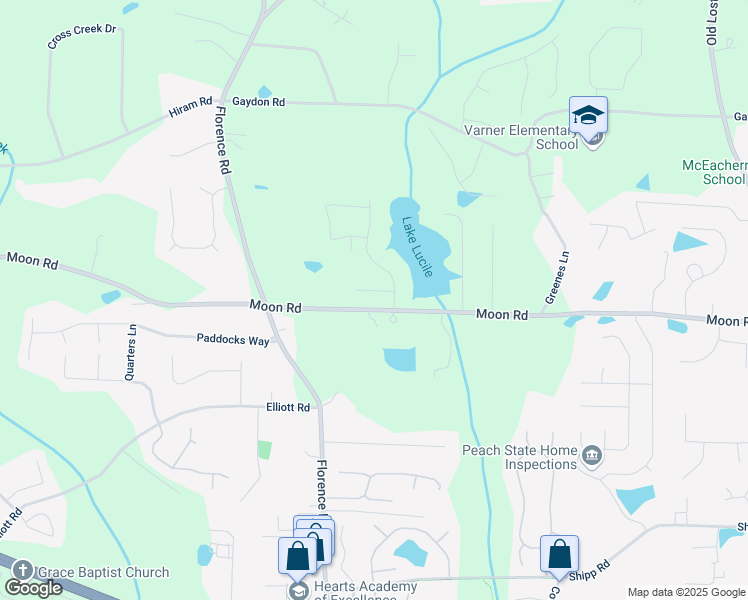 map of restaurants, bars, coffee shops, grocery stores, and more near 4960 Manna Lane in Powder Springs