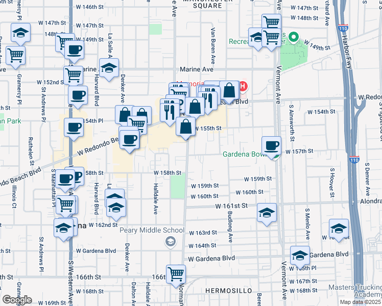 map of restaurants, bars, coffee shops, grocery stores, and more near 15610 Normandie Avenue in Gardena