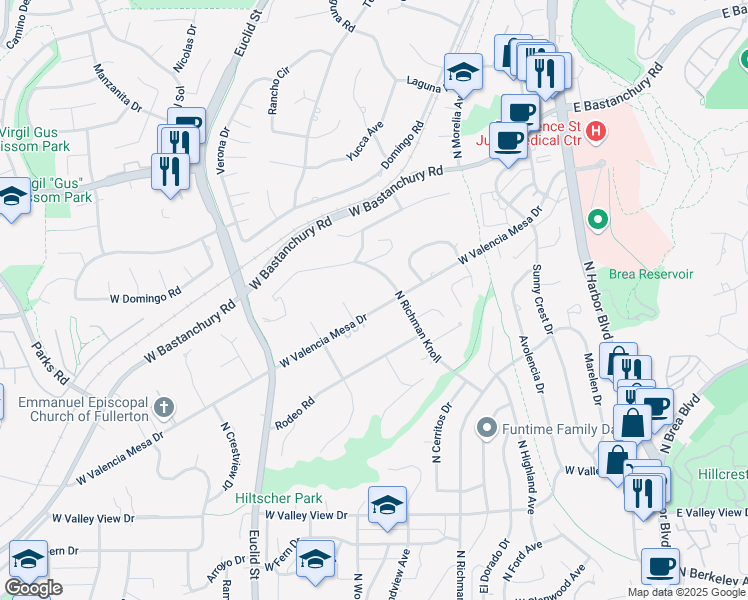 map of restaurants, bars, coffee shops, grocery stores, and more near 1335 North Richman Knoll in Fullerton