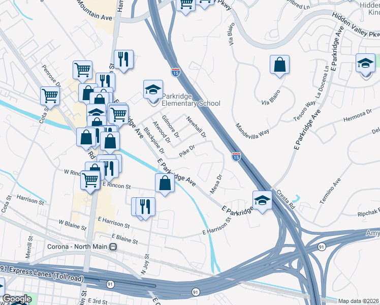 map of restaurants, bars, coffee shops, grocery stores, and more near 602 Gilmore Drive in Corona