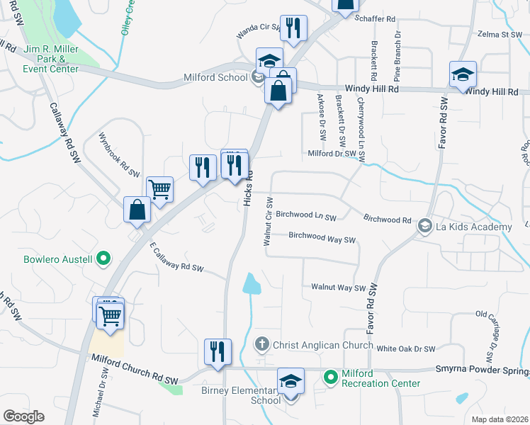 map of restaurants, bars, coffee shops, grocery stores, and more near 830 Walnut Circle Southwest in Marietta