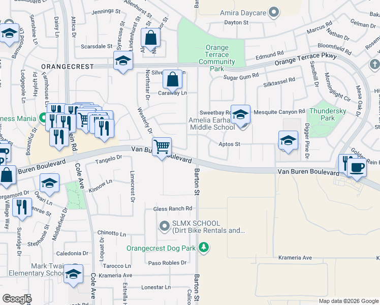 map of restaurants, bars, coffee shops, grocery stores, and more near 8931 Kentville Street in Riverside