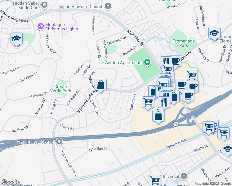 map of restaurants, bars, coffee shops, grocery stores, and more near 624 Wellesley Drive in Corona
