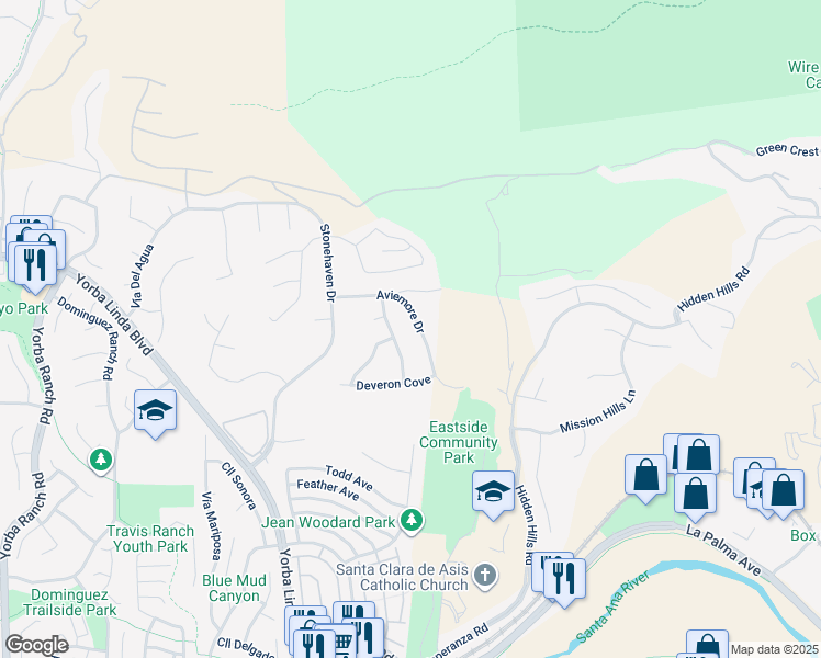 map of restaurants, bars, coffee shops, grocery stores, and more near 4985 Aviemore Drive in Yorba Linda