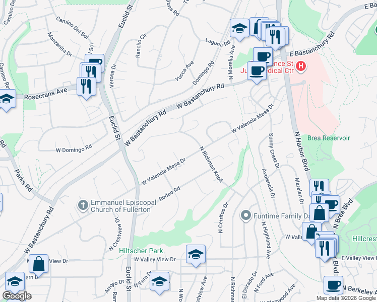 map of restaurants, bars, coffee shops, grocery stores, and more near 1335 North Richman Knoll in Fullerton