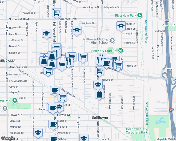 map of restaurants, bars, coffee shops, grocery stores, and more near 10123 Alondra Boulevard in Bellflower