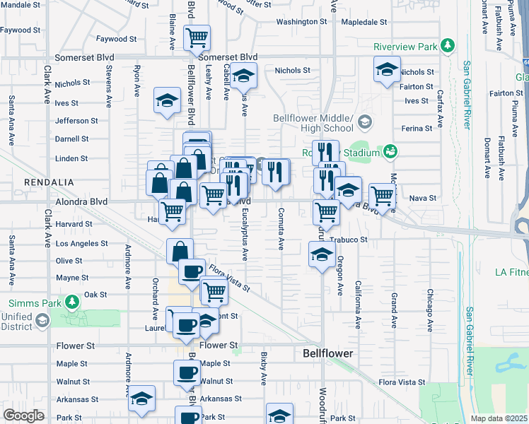 map of restaurants, bars, coffee shops, grocery stores, and more near in Bellflower