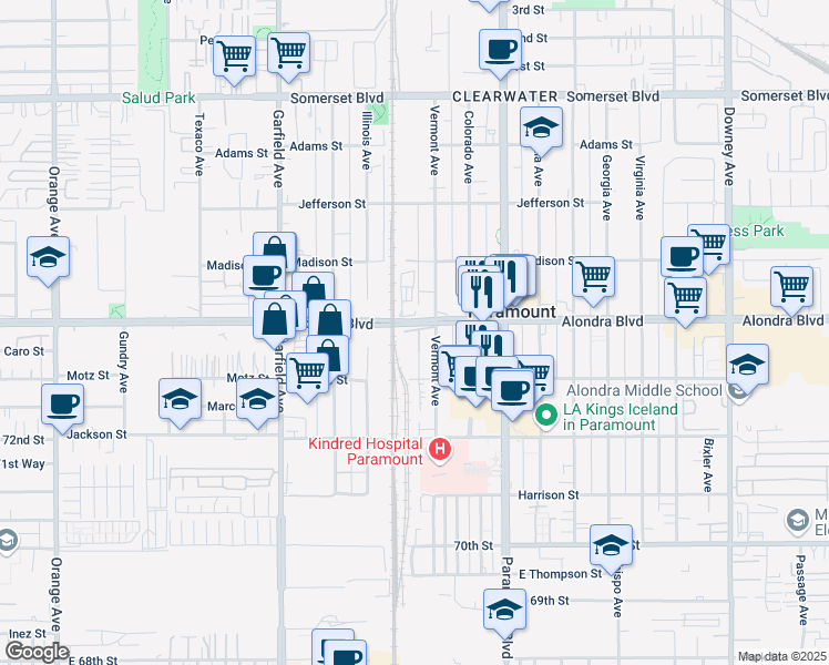 map of restaurants, bars, coffee shops, grocery stores, and more near 7743 Alondra Blvd in Paramount