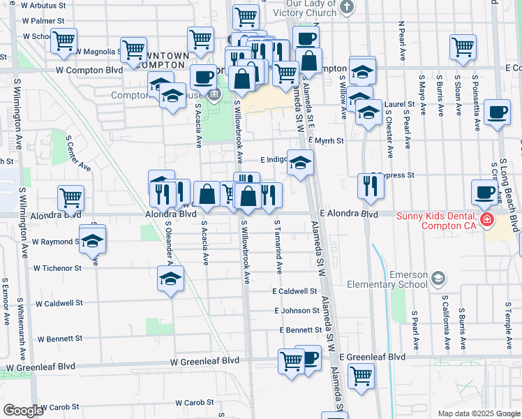 map of restaurants, bars, coffee shops, grocery stores, and more near 127 East Cocoa Street in Compton