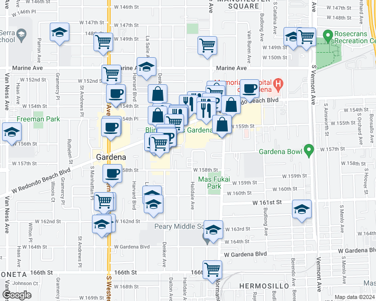 map of restaurants, bars, coffee shops, grocery stores, and more near 1475 West 157th Street in Gardena