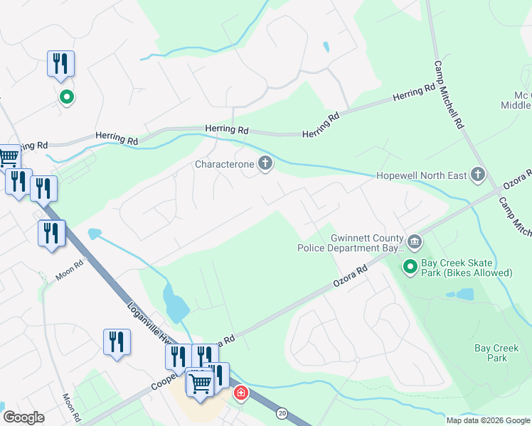 map of restaurants, bars, coffee shops, grocery stores, and more near 2447 Misty Rose Lane in Loganville