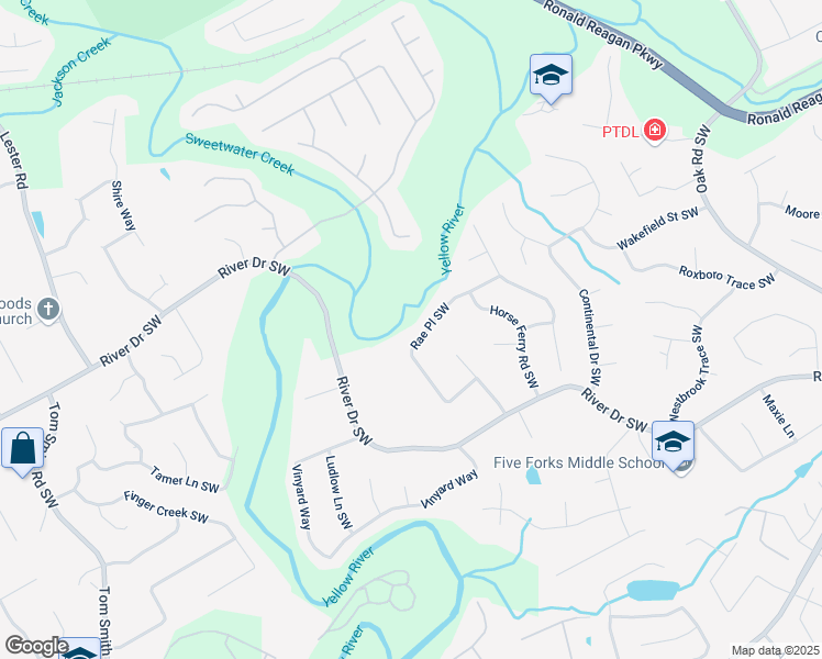 map of restaurants, bars, coffee shops, grocery stores, and more near 3341 Rae Place Southwest in Lawrenceville