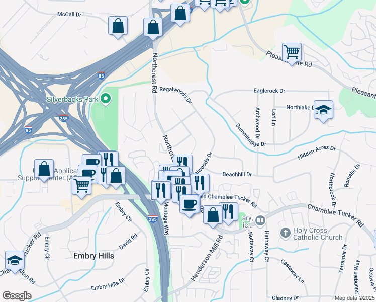 map of restaurants, bars, coffee shops, grocery stores, and more near 3356 Thornewood Drive in Atlanta