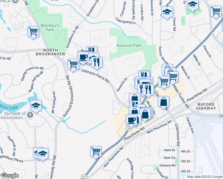 map of restaurants, bars, coffee shops, grocery stores, and more near 2351 Johnson Ferry Road Northeast in Atlanta