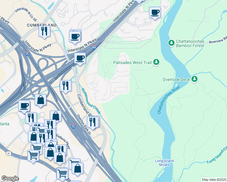 map of restaurants, bars, coffee shops, grocery stores, and more near 3501 Chattahoochee Summit Lane Southeast in Atlanta