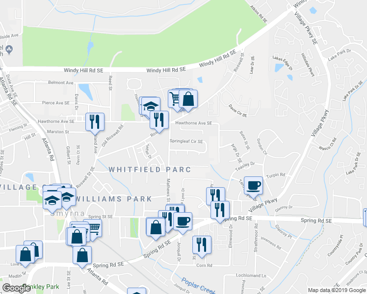 map of restaurants, bars, coffee shops, grocery stores, and more near 1431 Springleaf Circle Southeast in Smyrna