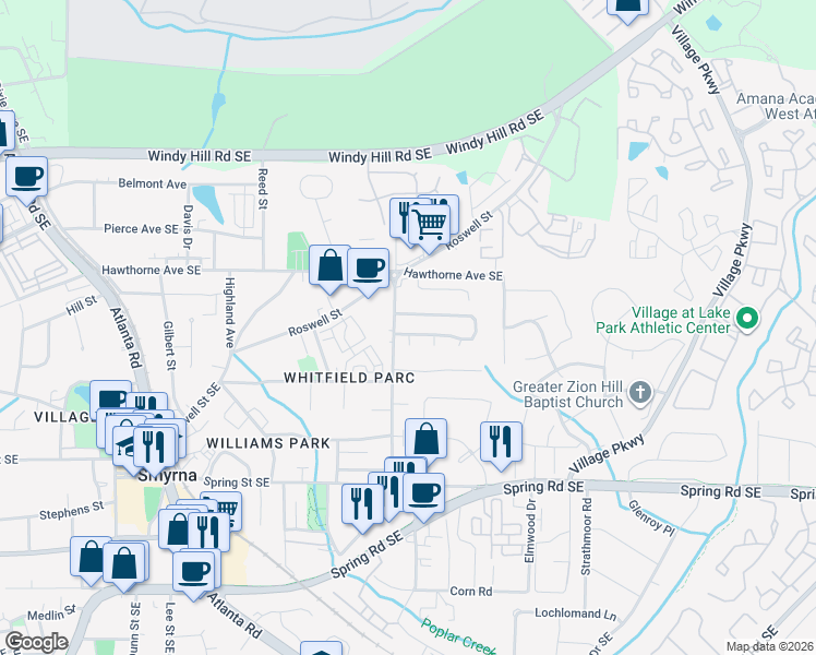 map of restaurants, bars, coffee shops, grocery stores, and more near in Smyrna