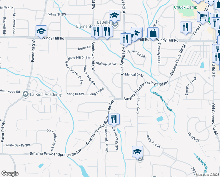map of restaurants, bars, coffee shops, grocery stores, and more near 2649 Sandtown Road Southwest in Marietta