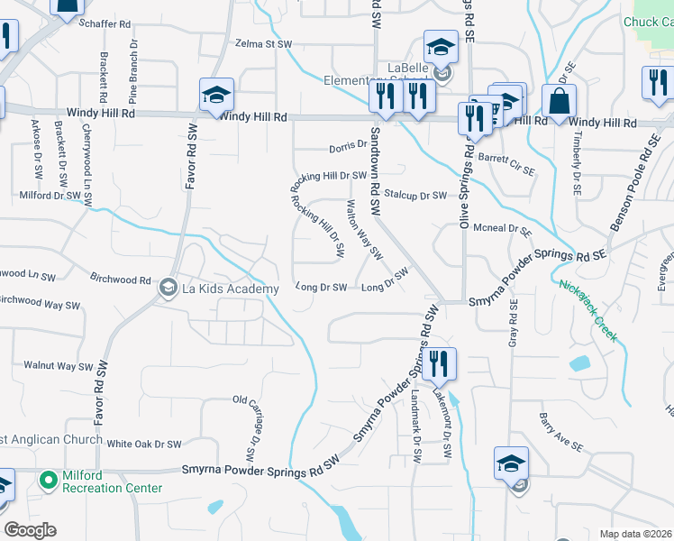 map of restaurants, bars, coffee shops, grocery stores, and more near 287 Rocking Hill Drive Southwest in Marietta