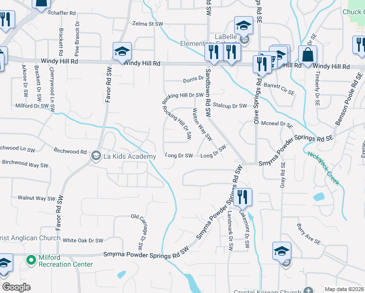 map of restaurants, bars, coffee shops, grocery stores, and more near 289 Rocking Hill Drive Southwest in Marietta