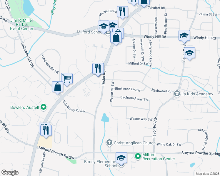 map of restaurants, bars, coffee shops, grocery stores, and more near 830 Walnut Circle Southwest in Marietta