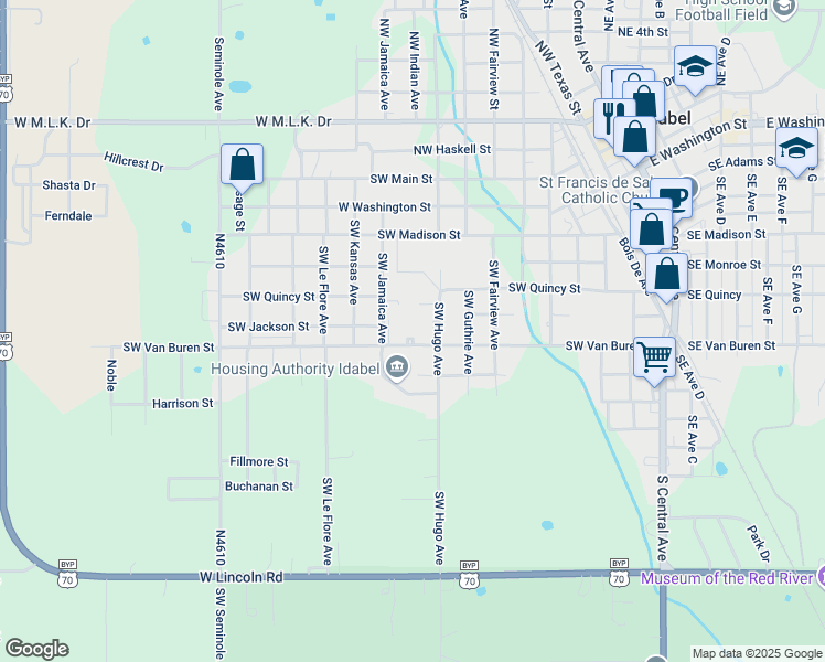 map of restaurants, bars, coffee shops, grocery stores, and more near 804 Southwest Quincy Street in Idabel