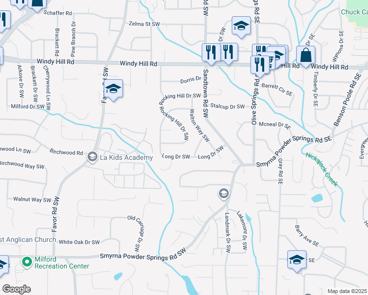 map of restaurants, bars, coffee shops, grocery stores, and more near 287 Rocking Hill Drive Southwest in Marietta