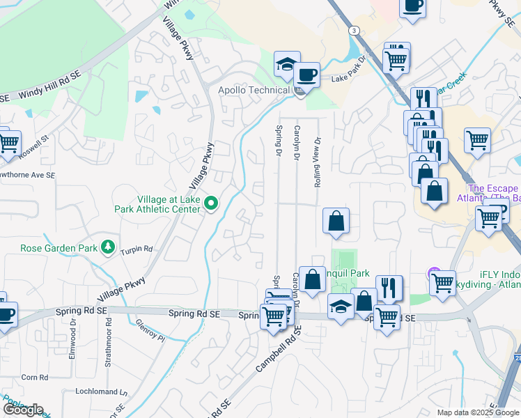 map of restaurants, bars, coffee shops, grocery stores, and more near 2085 Lake Park Drive Southeast in Smyrna