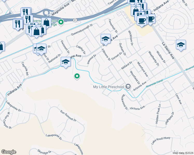 map of restaurants, bars, coffee shops, grocery stores, and more near 11641 Hartford Court in Riverside