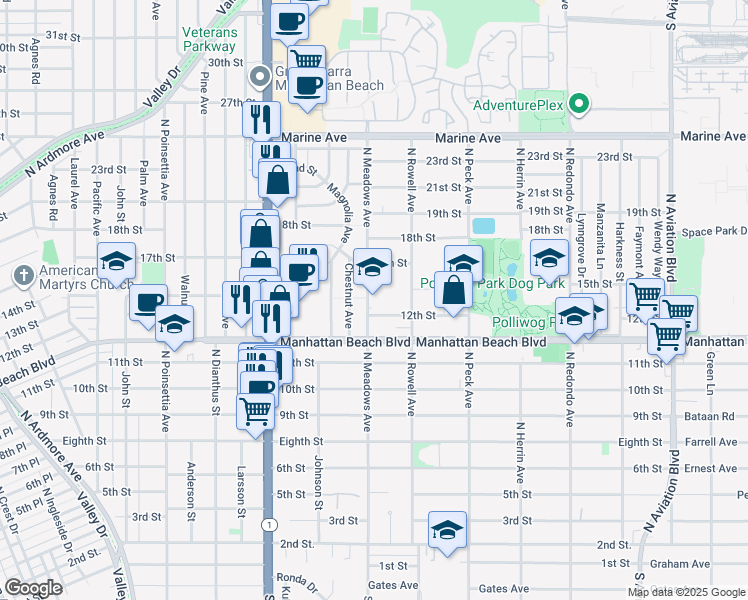 map of restaurants, bars, coffee shops, grocery stores, and more near 1200 North Meadows Avenue in Manhattan Beach