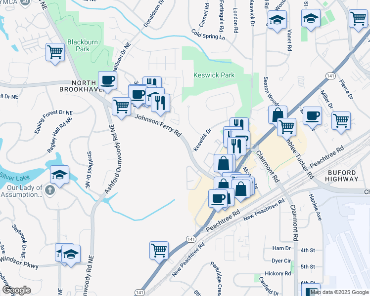 map of restaurants, bars, coffee shops, grocery stores, and more near 2351 Johnson Ferry Road Northeast in Atlanta